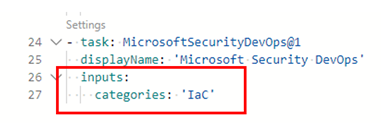 Capture d’écran montrant où ajouter la ligne de catégories IaC dans le fichier YAML de configuration du pipeline.