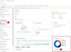 Une capture d’écran de la page d’aperçu détaillée d’un abonnement Azure montrant les liens utilisés pour l’analyse des coûts, la configuration des alertes de coûts et comment obtenir des données de facturation détaillées par ressource Azure.