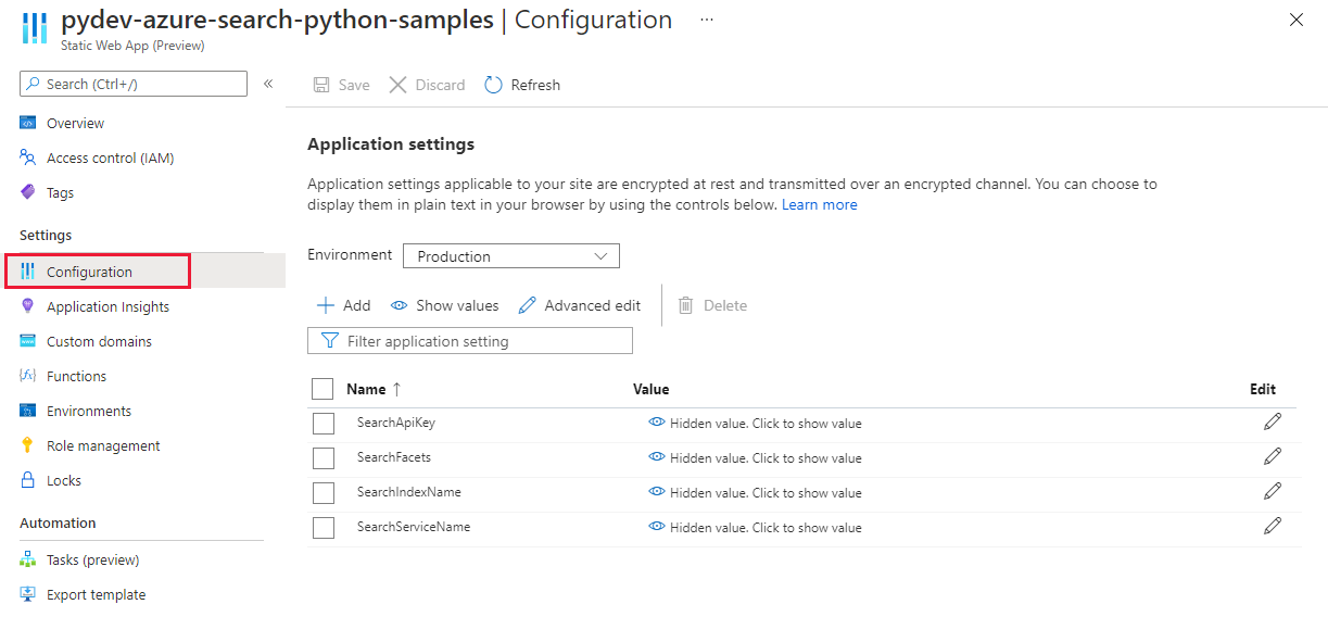 Capture d’écran du portail Azure : Sous Paramètres, puis Configuration.