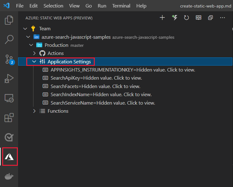 Capture d'écran de l'extension VSCode : Sous Production, puis Paramètres de l’application.