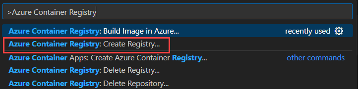 Capture d’écran montrant comment commencer à créer un registre de conteneurs Azure dans Visual Studio Code.