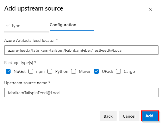 Capture d’écran montrant comment ajouter un flux dans une autre organisation en tant que source en amont.