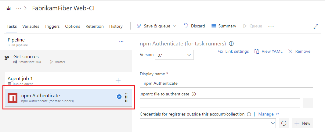 Capture d’écran montrant la tâche d’authentification npm ajoutée au pipeline.