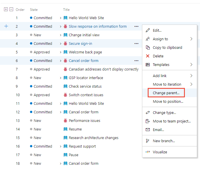 Capture d’écran de l’option de menu Modifier le parent de plusieurs éléments de backlog.