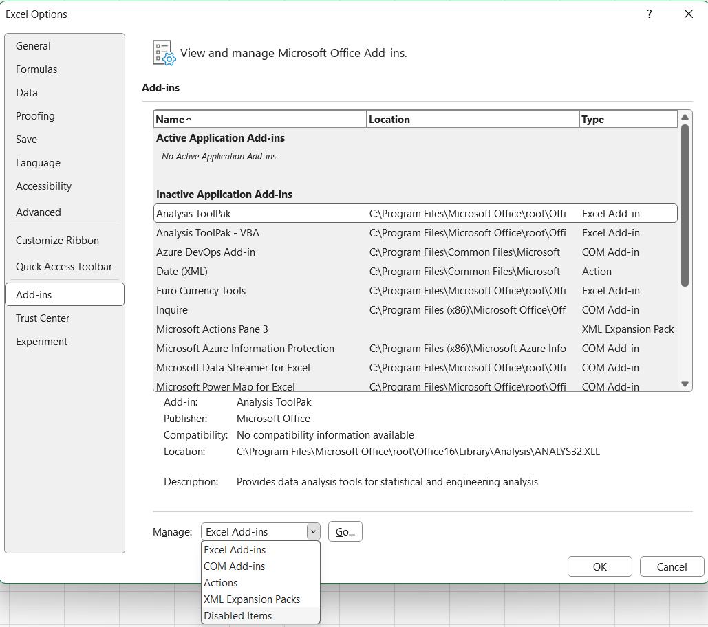 Capture d'écran d'Excel Options, Add-ins, Choose Disabled Items.