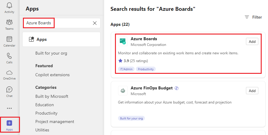 Capture d’écran de la sélection d’« Applications », puis d’« Azure Boards ».