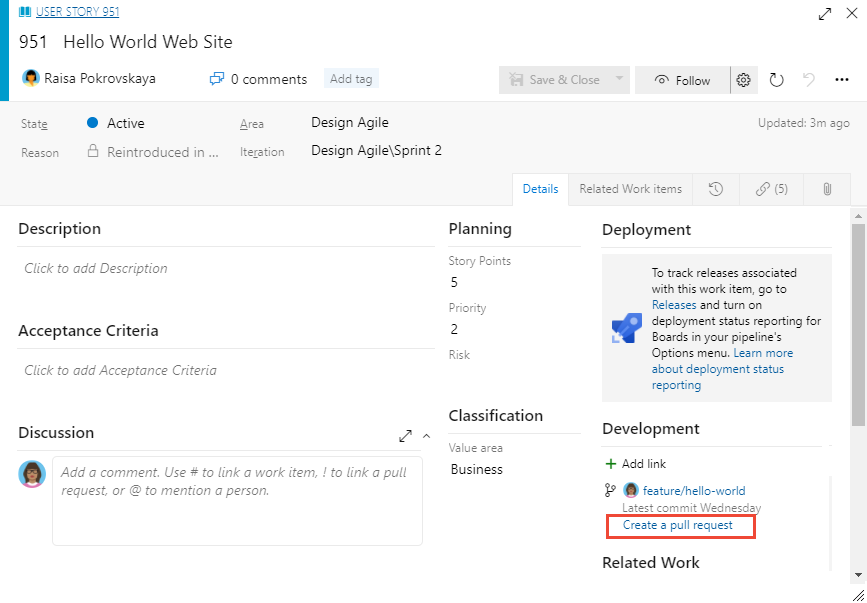 Screenshot of Work item form, Create a pull request.