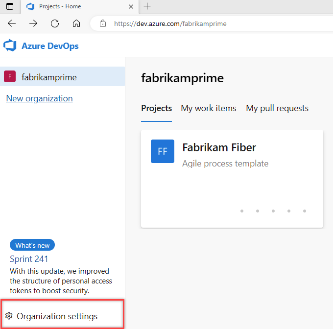 Capture d’écran montrant le bouton Paramètres de l’organisation dans Azure DevOps.