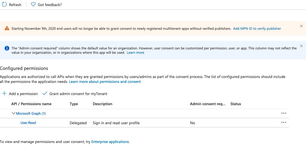 Capture d’écran montrant la sélection d’une application et la navigation vers les autorisations d’API.