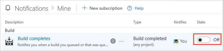 Capture d’écran de l’abonnement de notification Build terminé.