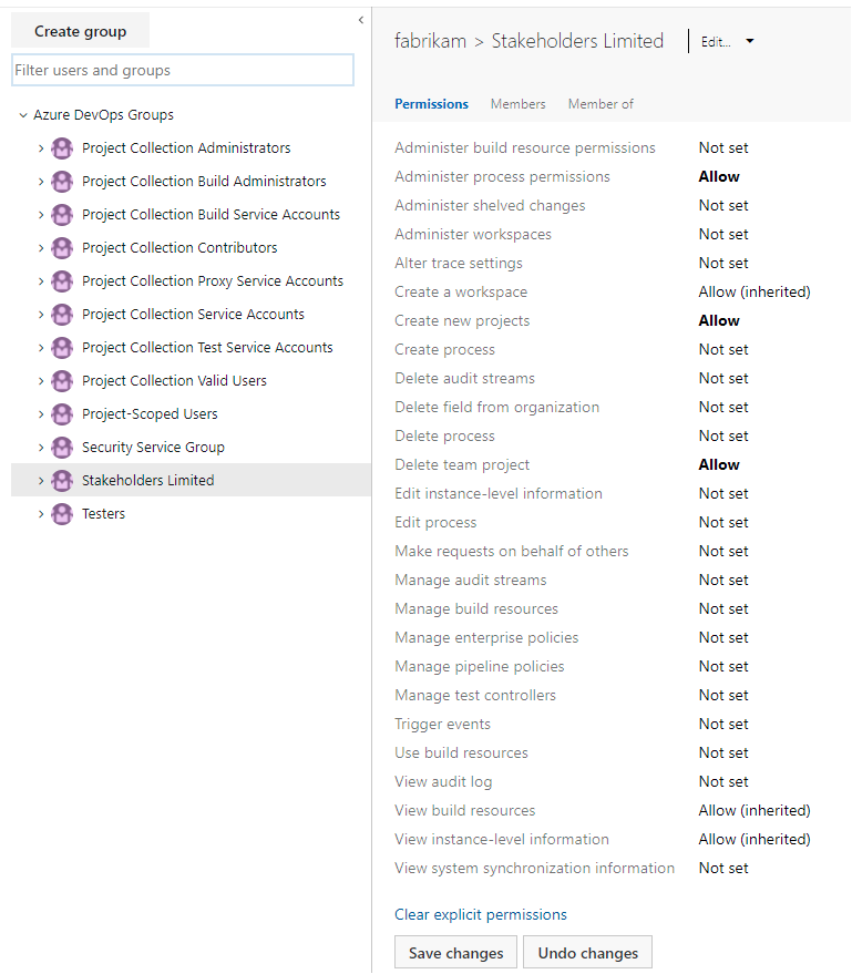 Capture d’écran des autorisations au niveau collection pour un groupe sélectionné, page active.