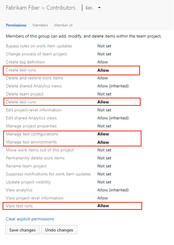 Capture d’écran de Définir les autorisations de test au niveau du projet pour un groupe personnalisé, Team Admin.