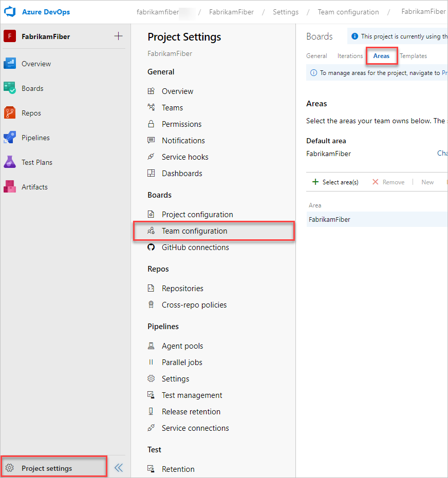 Capture d’écran montrant les paramètres du projet, page Configuration de l’équipe.