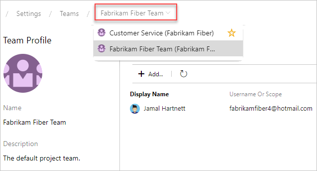 Capture d’écran montrant Team Configuration, Team Breadcrumb, version 2019.