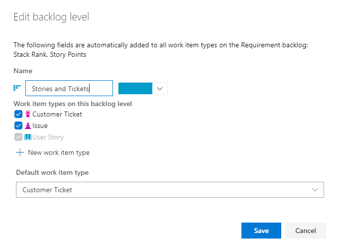 Dans le backlog d’édition, les récits et tickets sont entrés dans Nom, et il existe une liste des types d’éléments de travail pour ce niveau de backlog.