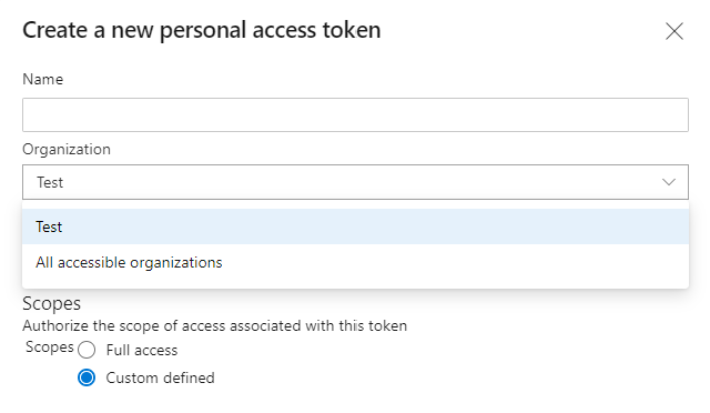 Capture d’écran montrant la définition de l’étendue du jeton d’accès personnel sur Toutes les organisations accessibles.