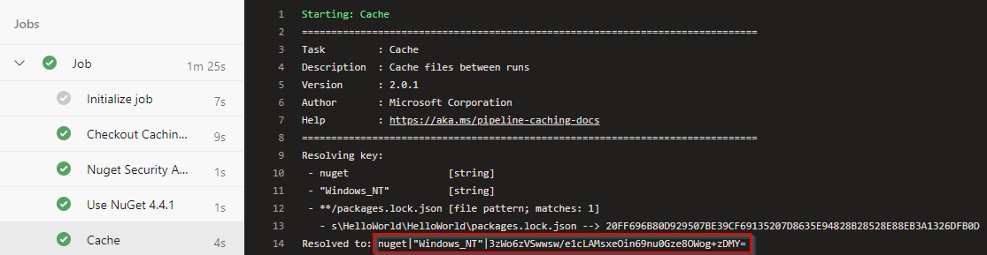 Capture d’écran illustrant comment la clé de cache est générée dans Azure Pipelines.