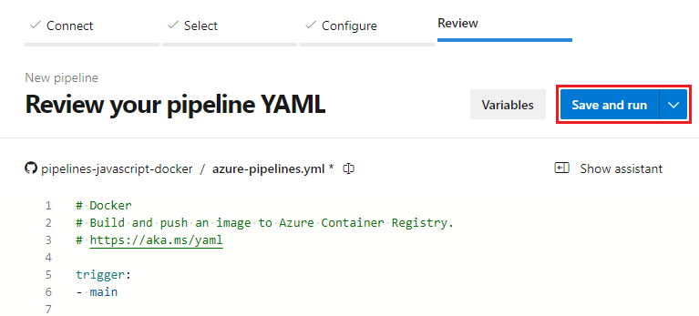 Capture d’écran du bouton Enregistrer et exécuter dans un nouveau pipeline YAML.