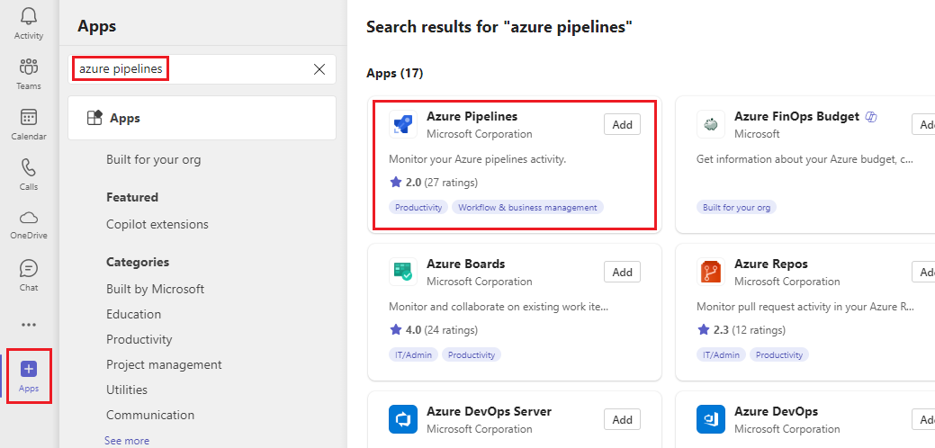 Capture d’écran de la sélection du bouton Applications, puis du bouton Azure Pipelines.