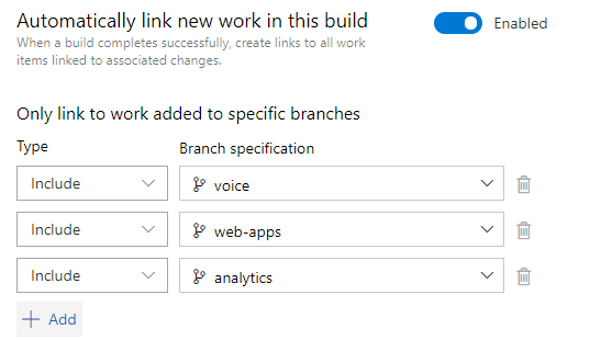 Capture d’écran de lier automatiquement les éléments de travail dans ces paramètres de propriété de build.