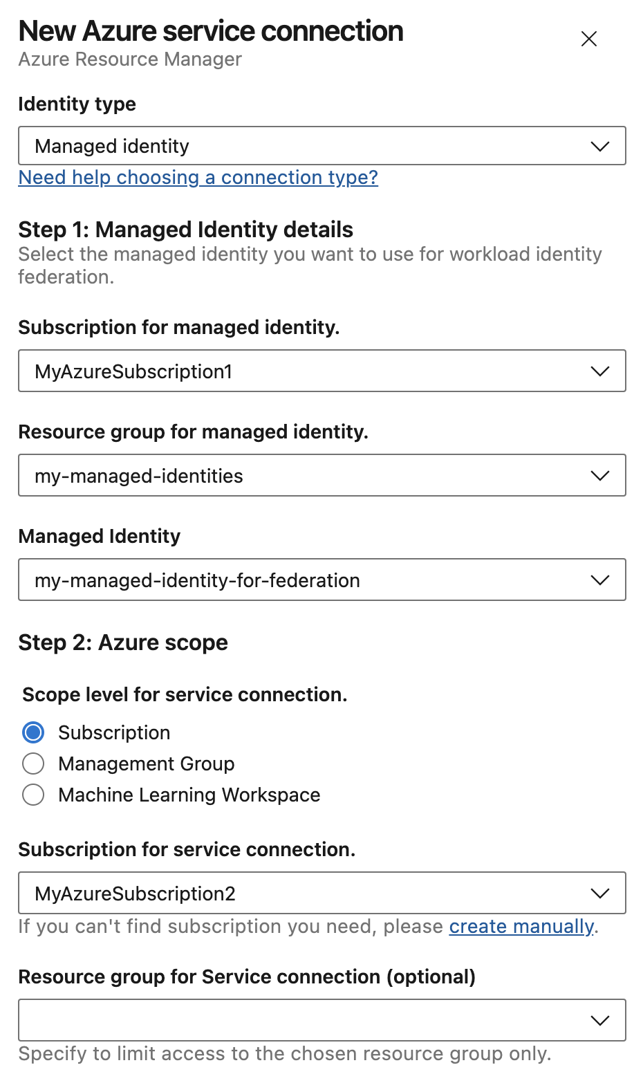 Capture d’écran de la nouvelle connexion de service Azure avec identité managée.