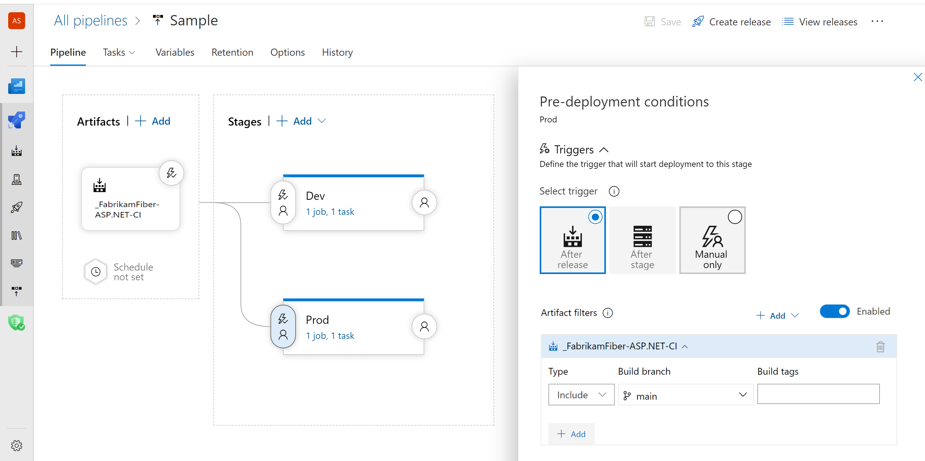 Capture d'écran montrant comment configurer les conditions de prédéploiement pour l'étape Prod.