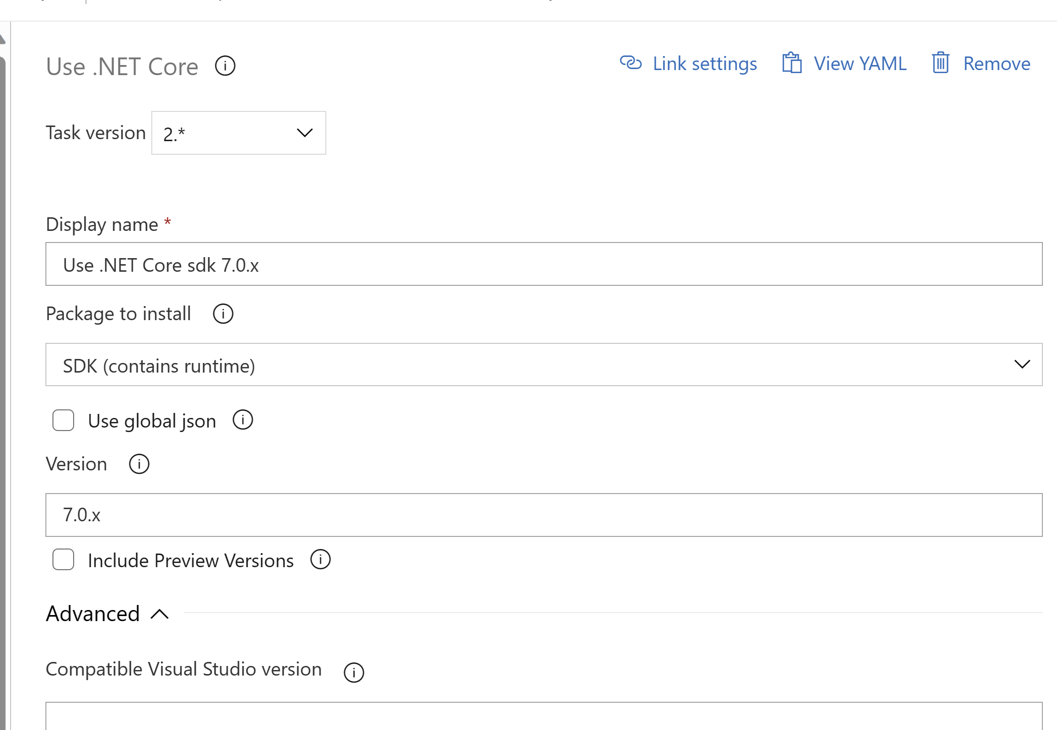 Capture d’écran montrant la tâche sdk .Net Core dans le pipeline.