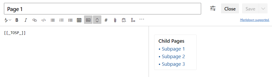 Capture d’écran montrant markdown pour les pages enfants de la page 1.