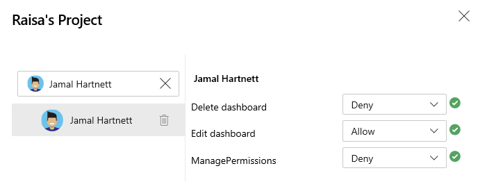 Capture d’écran de la boîte de dialogue Autorisations du tableau de bord Project.