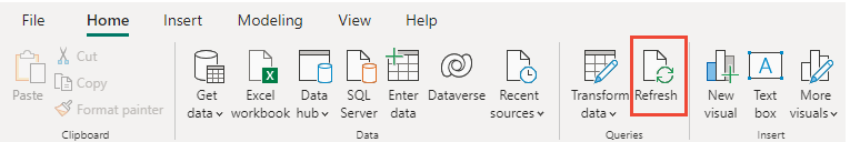 Capture d’écran de Power BI, Actualiser les données de rapport.