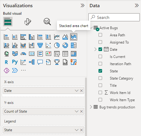 Capture d’écran des sélections de visualisations et de champs Power BI pour le rapport de graphiques en aires empilées sur les bogues actifs. 