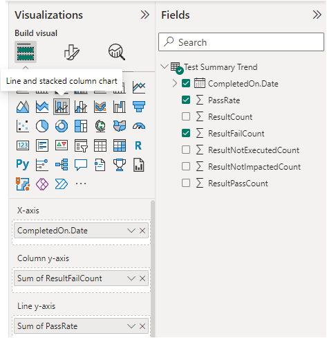 Capture d’écran des sélections de champs de visualisation pour le rapport de graphique en courbes empilées de courbes de synthèse des tests. 