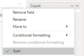 Capture d’écran de Power BI, sélectionnez Somme en tant qu’agrégation.