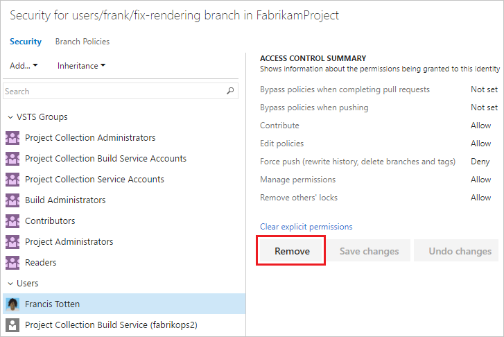 Supprimer les autorisations de branche pour un utilisateur dans Azure DevOps Services ou TFS