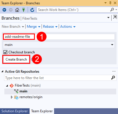 Capture d’écran du texte du nom de la branche et du bouton « Créer une branche » dans Visual Studio 2019.