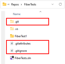 Capture d’écran du dossier Git, du fichier Git ignore et du fichier d’attributs Git dans l’Explorateur de fichiers Windows.