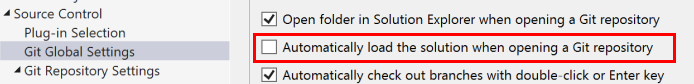 Capture d’écran montrant la case à cocher permettant de charger automatiquement la solution à l’ouverture d’un dépôt Git dans la boîte de dialogue Options.