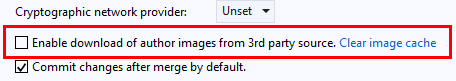 Capture d’écran affichant la case à cocher permettant d’activer le téléchargement d’images d’auteur à partir de sources tierces dans Team Explorer de Visual Studio 2019.
