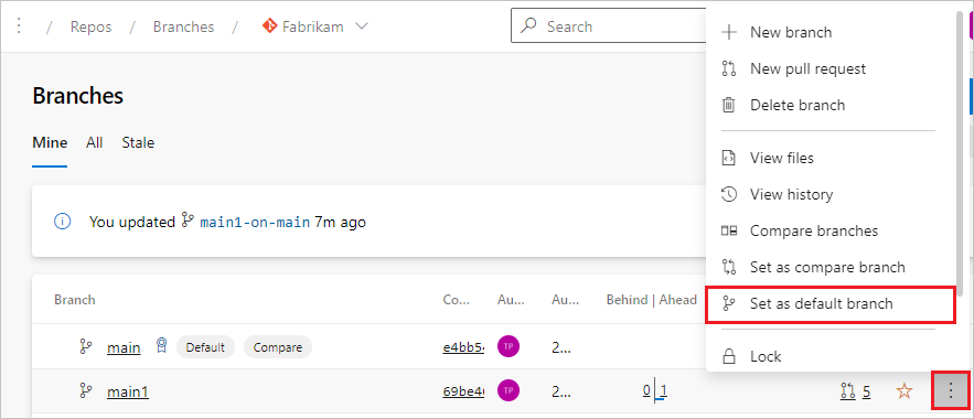 Capture d’écran montrant Définir la branche par défaut.
