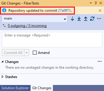 Capture d’écran du message de confirmation dans les Modifications Git de Visual Studio 2019.