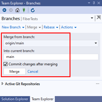 Capture d’écran des détails de Rebase de la vue Branches de Team Explorer dans Visual Studio 2019.