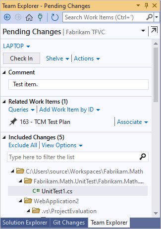 Capture d’écran de la page Modifications en attente dans Team Explorer.