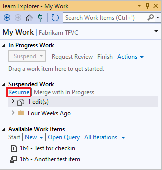 Capture d’écran du lien Reprendre sur la page Mon travail de Team Explorer.