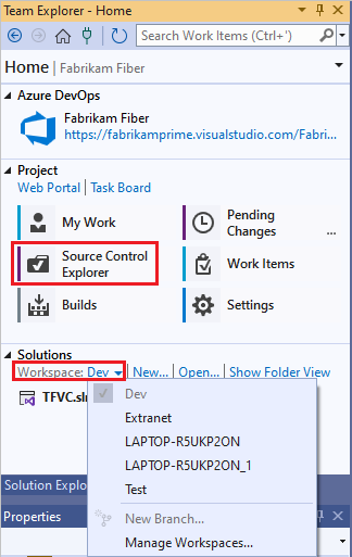 Capture d'écran de l'Explorateur d'équipe, où vous pouvez sélectionner Explorateur de contrôle de source ou Gérer les espaces de travail.