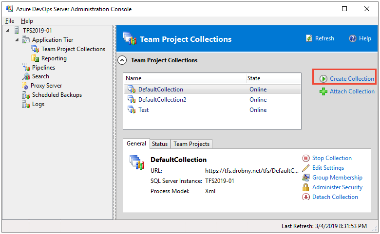 Capture d’écran de la console d’administration du serveur Azure DevOps avec l’option Créer une collection mise en surbrillance.