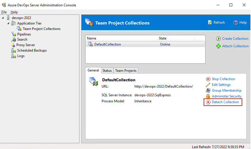 Capture d’écran de la sélection de la collection Détacher, Azure DevOps Server 2022.