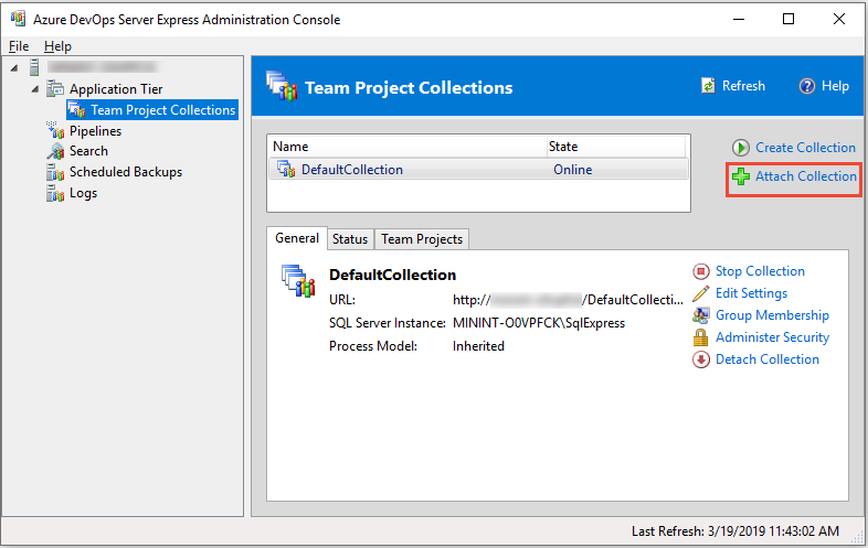 Console Administration du serveur Azure DevOps, Collections de projets d’équipe