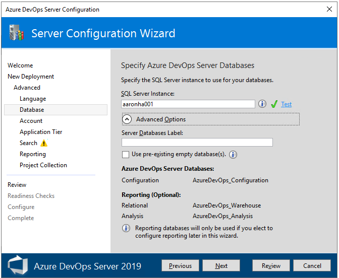 Capture d’écran de Advanced, Database.