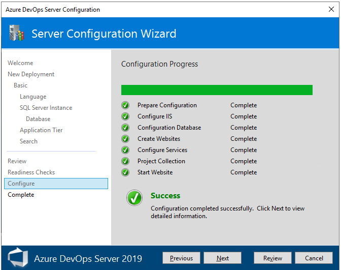 Capture d’écran de la progression de la configuration, 2019. 