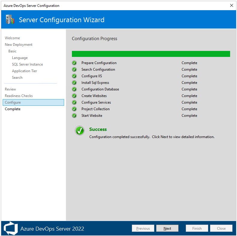 Capture d’écran de l’Assistant Configuration du serveur, page Configuration, progression de la configuration, 2022. 